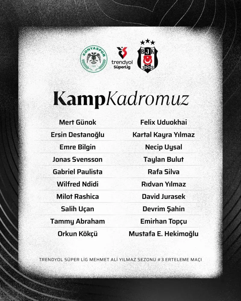 BEŞİKTAŞ’IN, KONYASPOR MAÇI KAMP KADROSU BELLİ OLDU