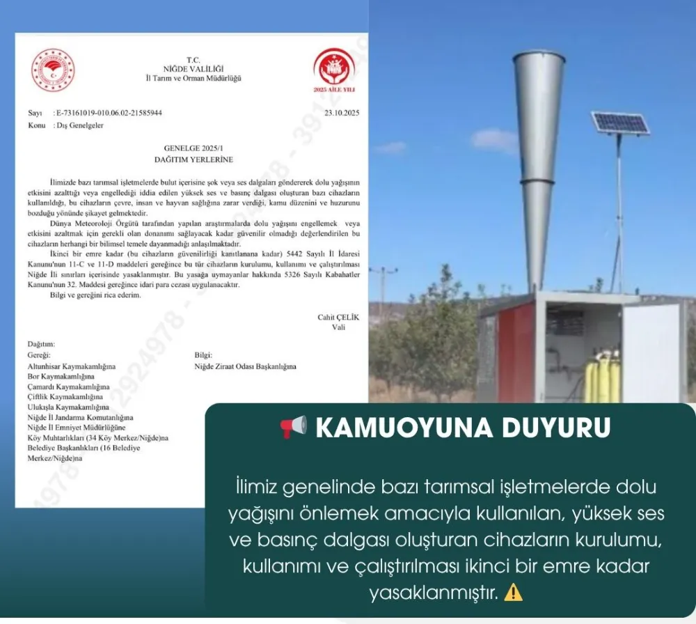 NİĞDE’DE DOLUYA MÜDAHALE CİHAZLARI YASAKLANDI